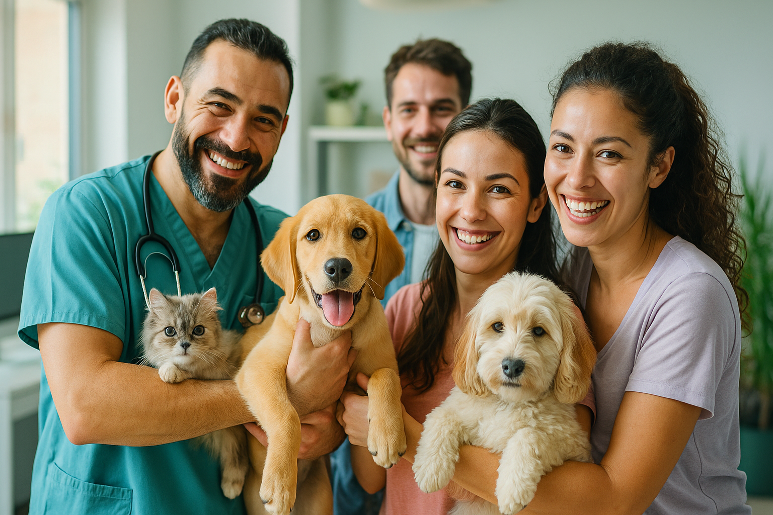 Famille heureuse avec animaux