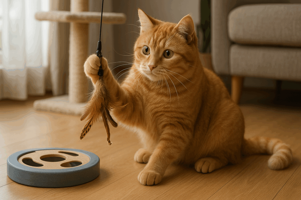 Chat joyeux avec jouet plume