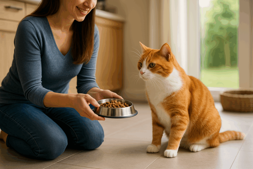 Femme et chat dans la cuisine ensoleillée